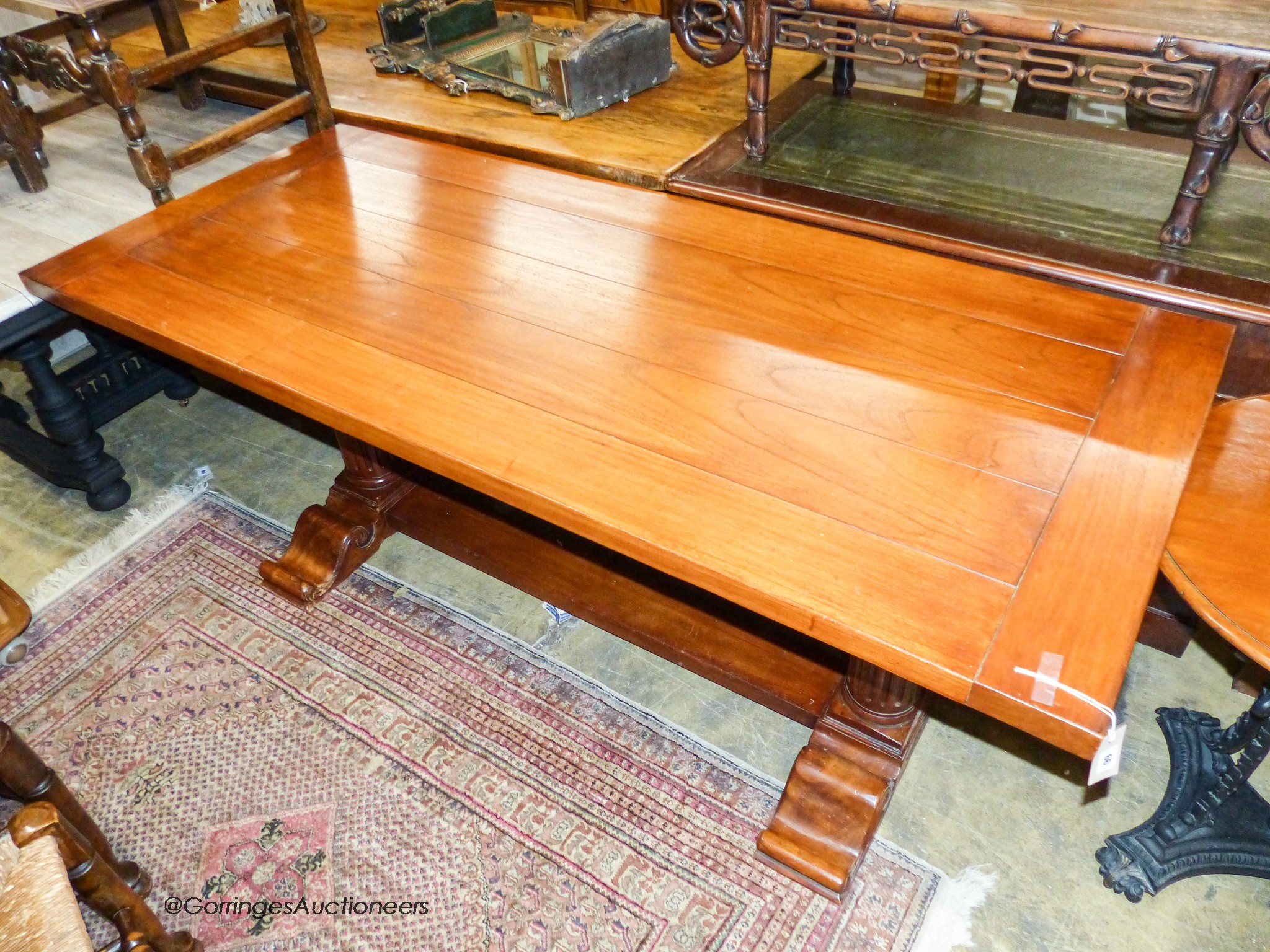 An 18th century style rectangular hardwood refectory dining table, length 185cm, depth 81cm, height 77cm